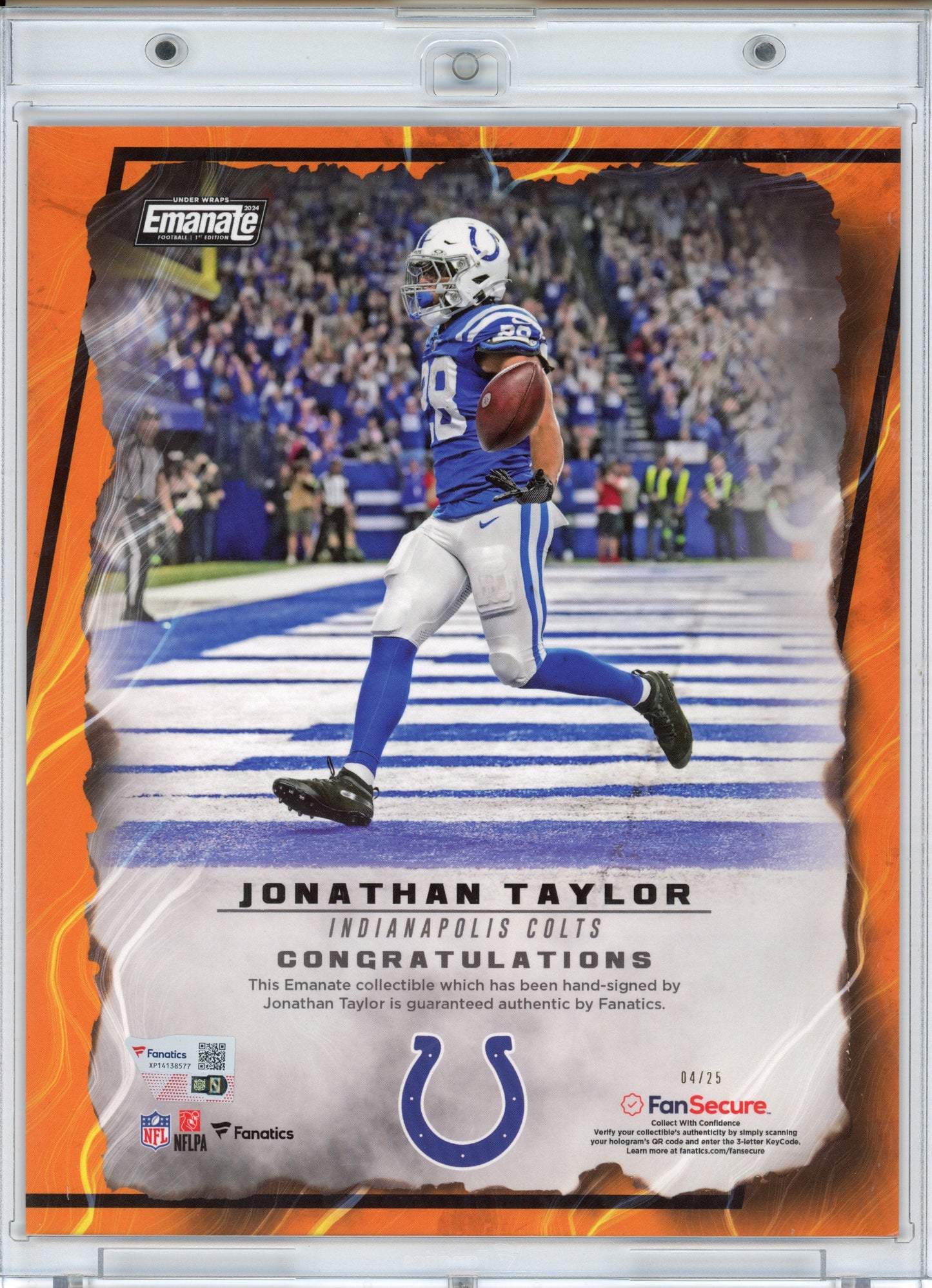 Autographed/Signed 2024 Under Wraps Emanate Jonathan Taylor Indianapolis Colts Orange /25 8x10 Football Card Photo Fanatics COA