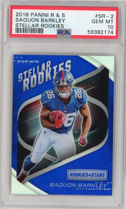 Graded 2018 Panini Rookies & Stars Saquon Barkley #SR-2 Stellar Rookies Rookie RC Football Card PSA 10 Gem Mint
