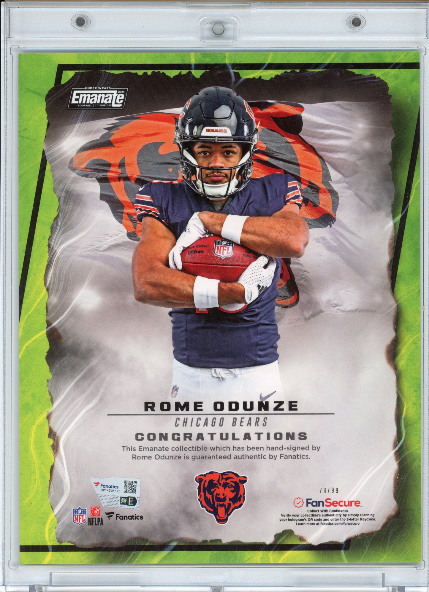 Autographed/Signed 2024 Under Wraps Emanate Rome Odunze Chicago Bears Rookie Green /99 8x10 Football Card Photo Fanatics COA