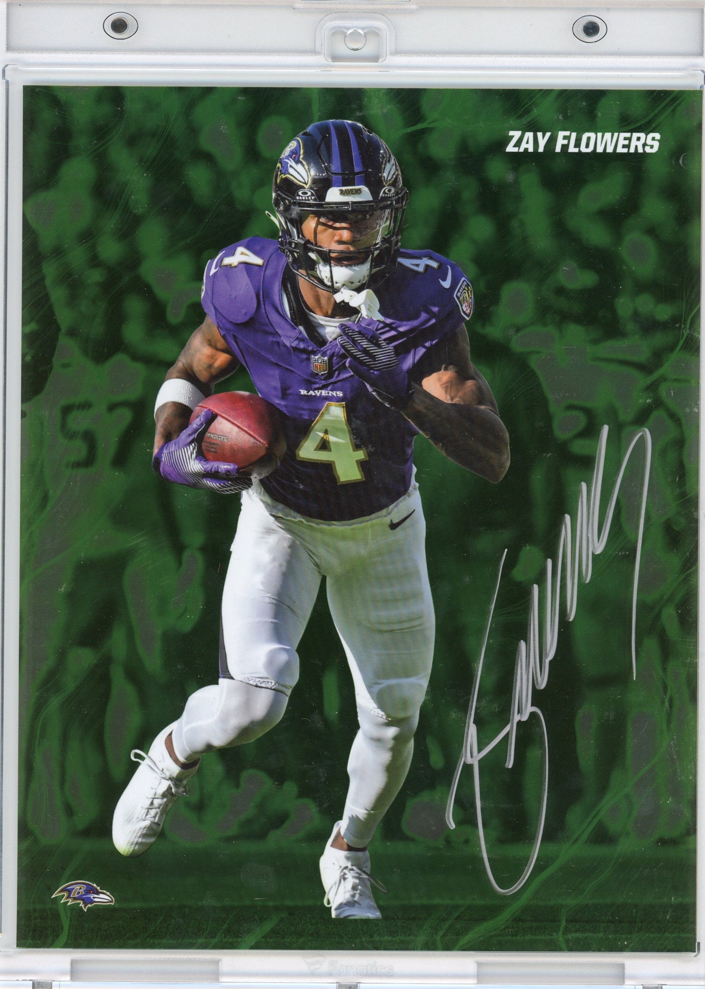 Autographed/Signed 2024 Under Wraps Emanate Zay Flowers Baltimore Ravens Green /99 8x10 Football Card Photo Fanatics COA