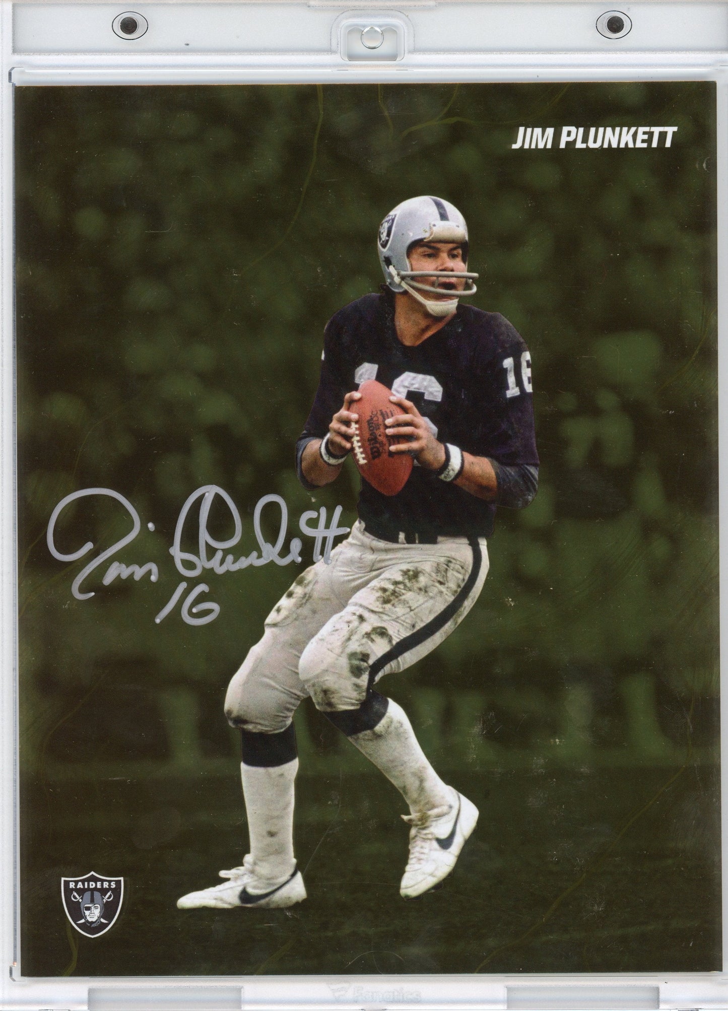 Autographed/Signed 2024 Under Wraps Emanate Jim Plunkett Oakland Raiders Gold /50 8x10 Football Card Photo Fanatics COA