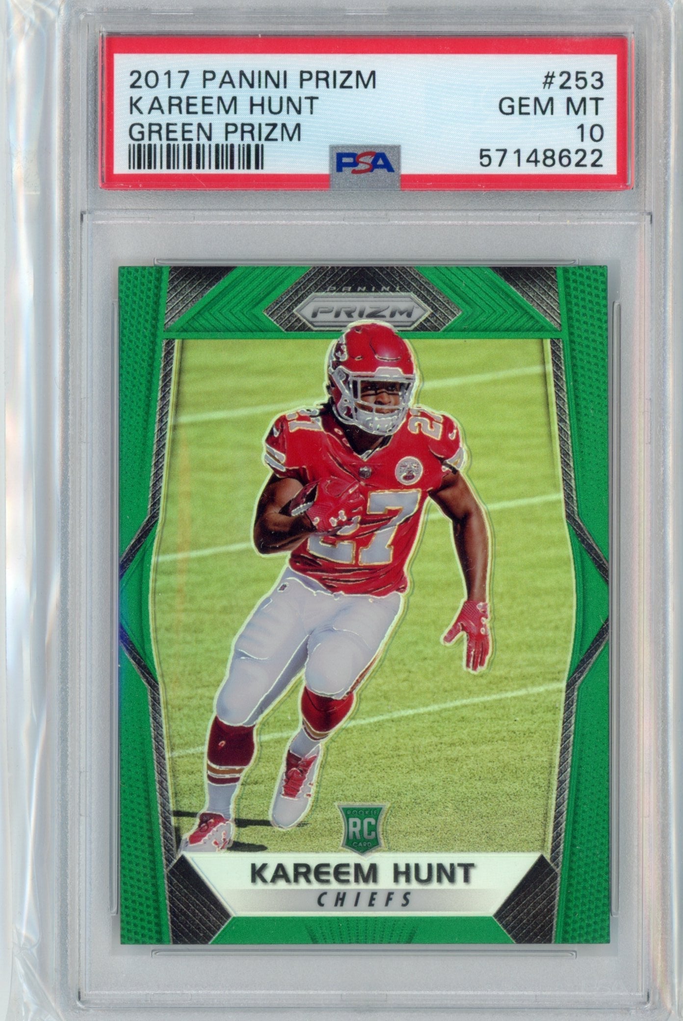 Graded 2017 Panini Prizm Kareem Hunt #253 Green Prizm Rookie RC Football Card PSA 10 Gem Mint