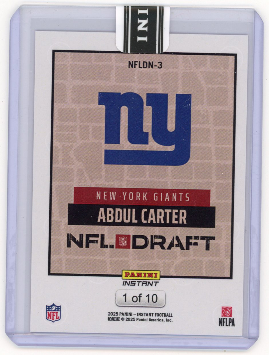 2025 Panini Instant NFL Abdul Carter #DN3 Draft Night Red /10 New York Giants Rookie RC Football Card