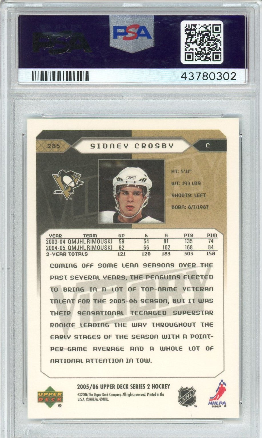 Graded 2005 Upper Deck UD Victory Sidney Crosby #285 Rookie Class RC Hockey Card PSA 10 Gem Mint