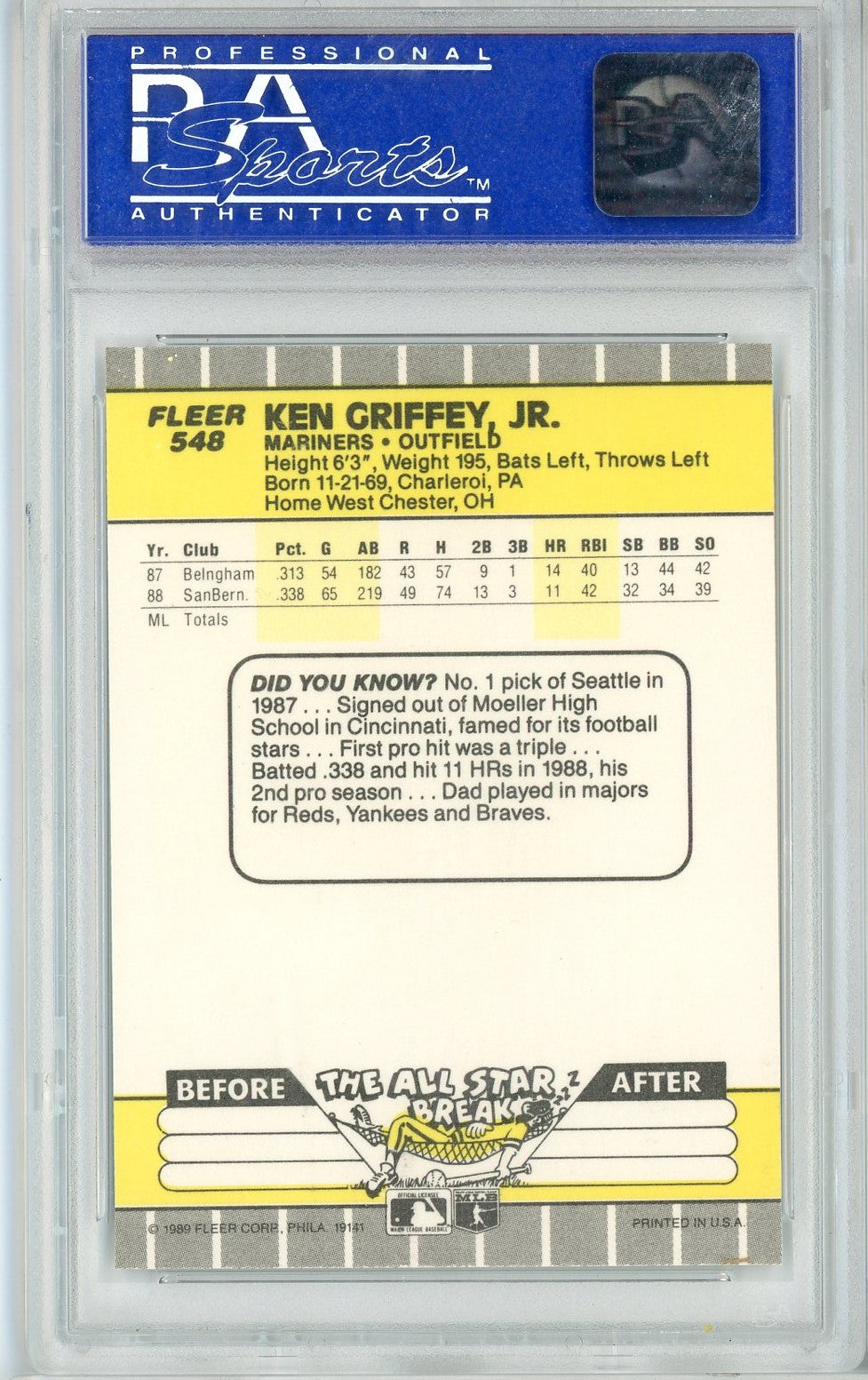 Graded 1989 Fleer Ken Griffey Jr. #548 Rookie RC Baseball Card PSA 9 Mint