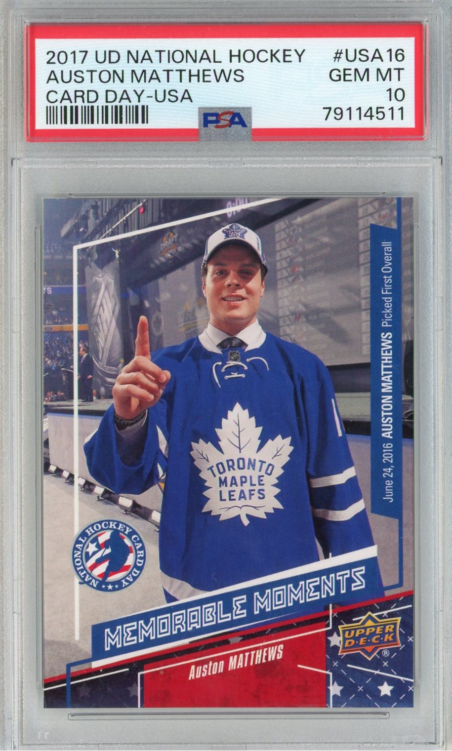Graded 2017 UD National Hockey Auston Matthews #USA16 Card Day USA Rookie RC Hockey Card PSA 10 Gem Mint