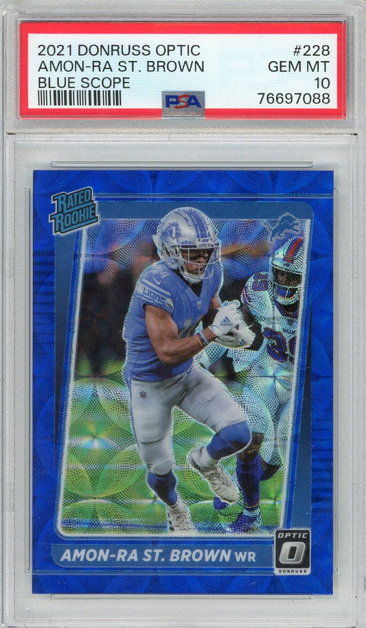 Graded 2021 Panini Donruss Optic Amon-Ra St. Brown #228 Blue Scope Rookie RC Football Card PSA 10 Gem Mint