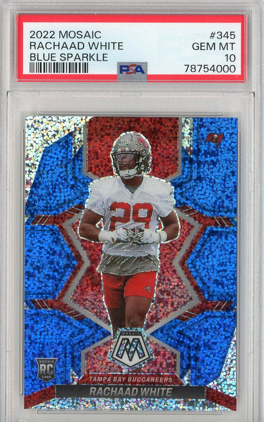 Graded 2022 Mosaic Rachaad White #345 Blue Sparkle Rookie RC Football Card PSA 10 Gem Mint