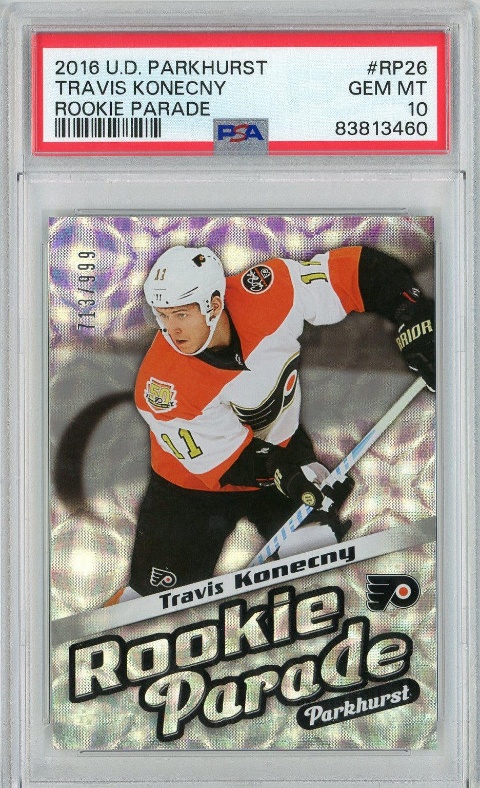 Graded 2016 Upper Deck Parkhurst Travis Konecny #RP26 Rookie Parade Rookie RC Hockey Card PSA 10 Gem Mint