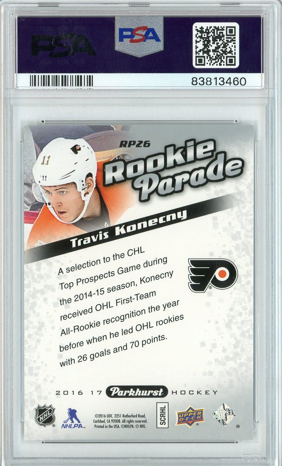 Graded 2016 Upper Deck Parkhurst Travis Konecny #RP26 Rookie Parade Rookie RC Hockey Card PSA 10 Gem Mint