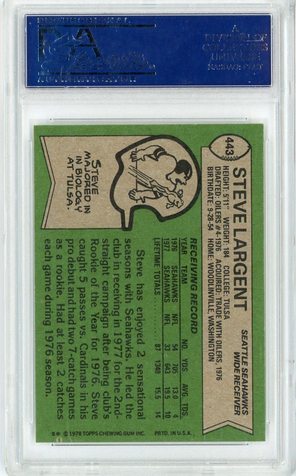 Graded 1978 Topps Steve Largent #443 2nd Year Football Card PSA 9 Mint