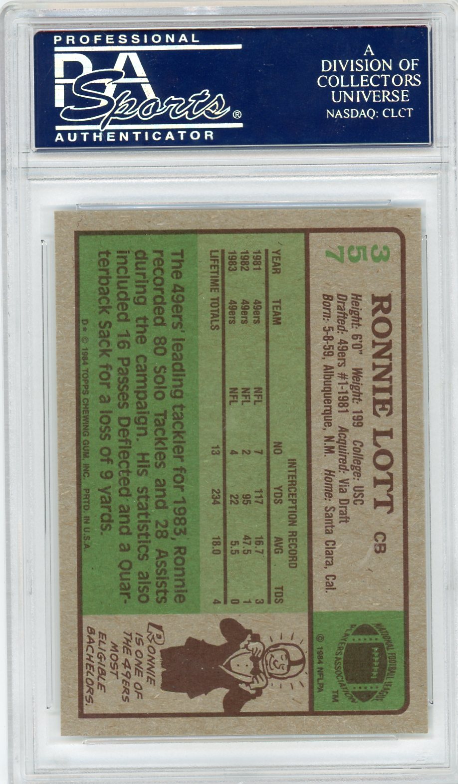 Graded 1984 Topps Ronnie Lott #357 Football Card PSA 9 Mint