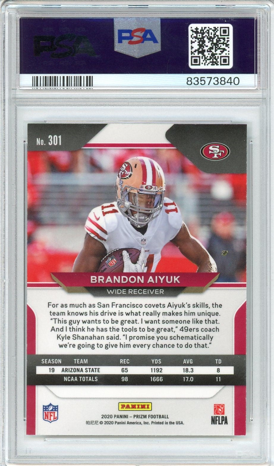 Graded 2020 Panini Prizm Brandon Aiyuk #301 SP Rookie RC Football Card PSA 10 Gem Mint