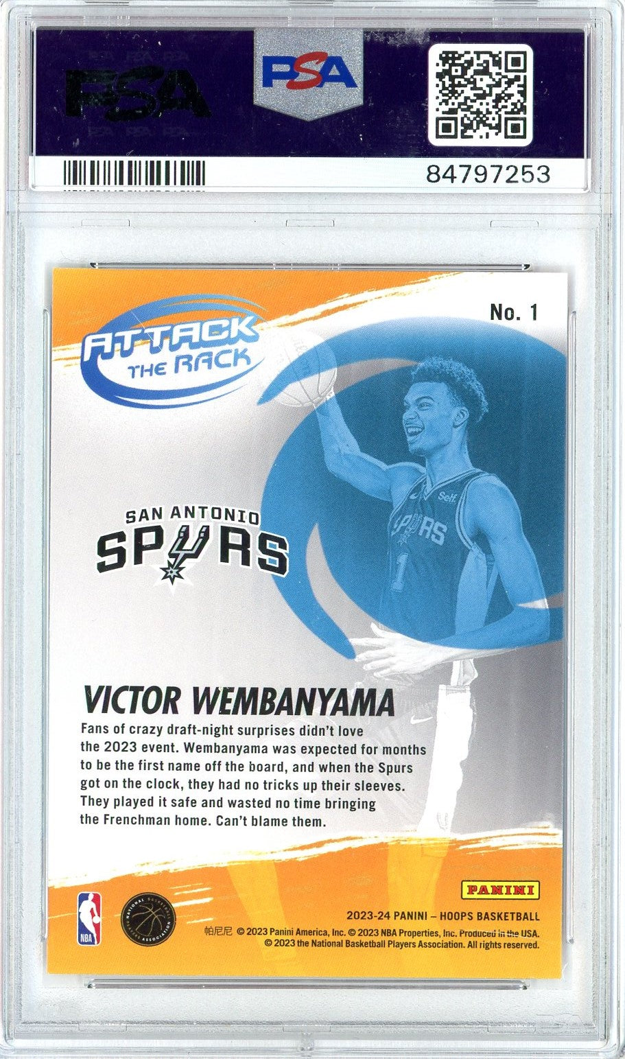 Graded 2023 Panini NBA Hoops Victor Wembanyama #1 Attack The Rack Rookie RC Basketball Card PSA 10 Gem Mint