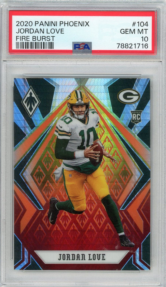 Graded 2020 Panini Phoenix Jordan Love #104 Fire Burst Rookie RC Football Card PSA 10 Gem Mint