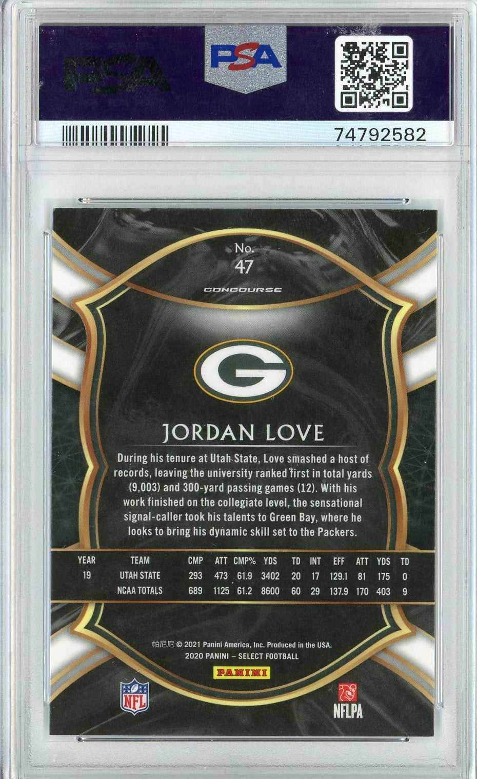 Graded 2020 Panini Select Jordan Love #47 Rookie RC Football Card PSA 10 Gem Mint