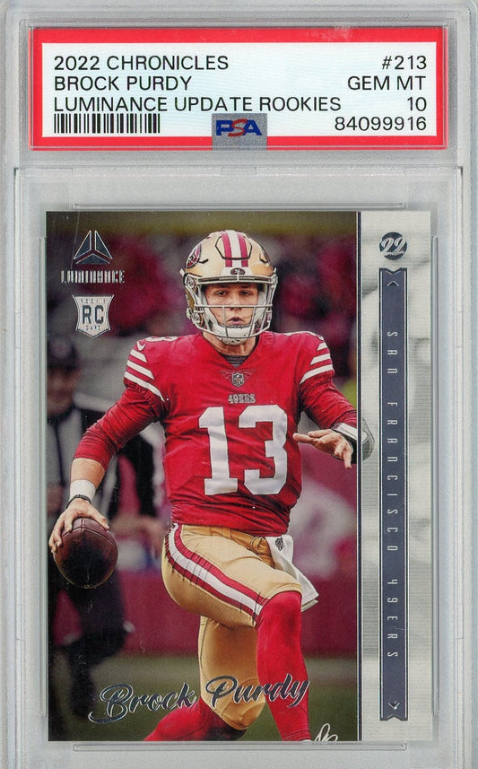 Graded 2022 Panini Chronicles Brock Purdy #213 Luminance Update Rookies Rookie RC Football Card PSA 10 Gem Mint