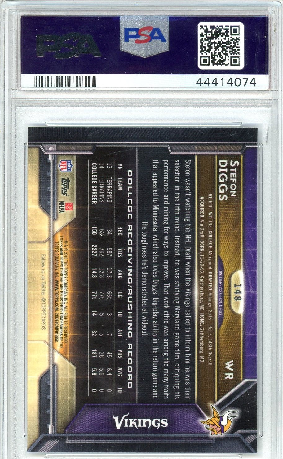 Graded 2015 Topps Chrome Stefon Diggs #148 Purple Refractor Rookie RC Football Card PSA 10 Gem Mint