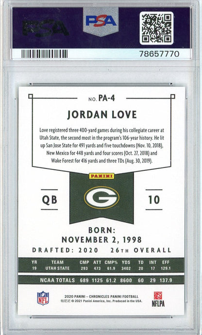 Graded 2020 Panini Chronicles Jordan Love #PA4 Panini Rookies RC Football Card PSA 10 Gem Mint