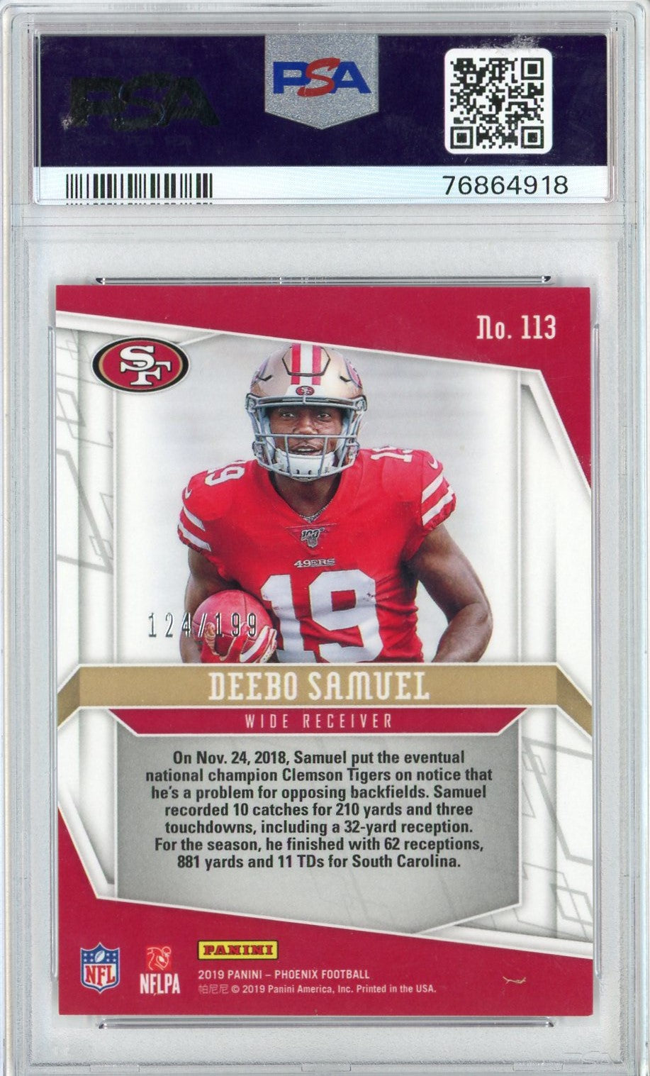 Graded 2019 Panini Phoenix Deebo Samuel #113 Pink Rookie RC Football Card PSA 10 Gem Mint