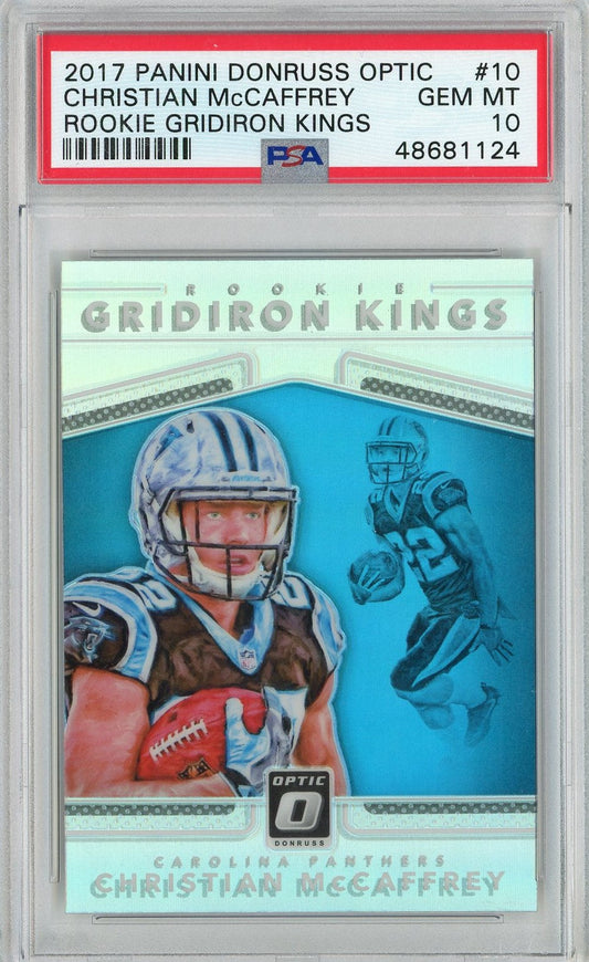 Graded 2017 Panini Donruss Optic Christian McCaffrey #10 Rookie Gridiron Kings Rookie RC Football Card PSA 10 Gem Mint