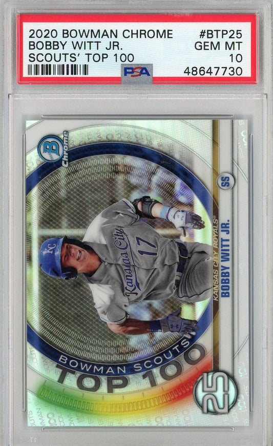 Graded 2020 Bowman Chrome Bobby Witt Jr #BTP25 Scouts Top 100 Rookie RC Baseball Card PSA 10 Gem Mint
