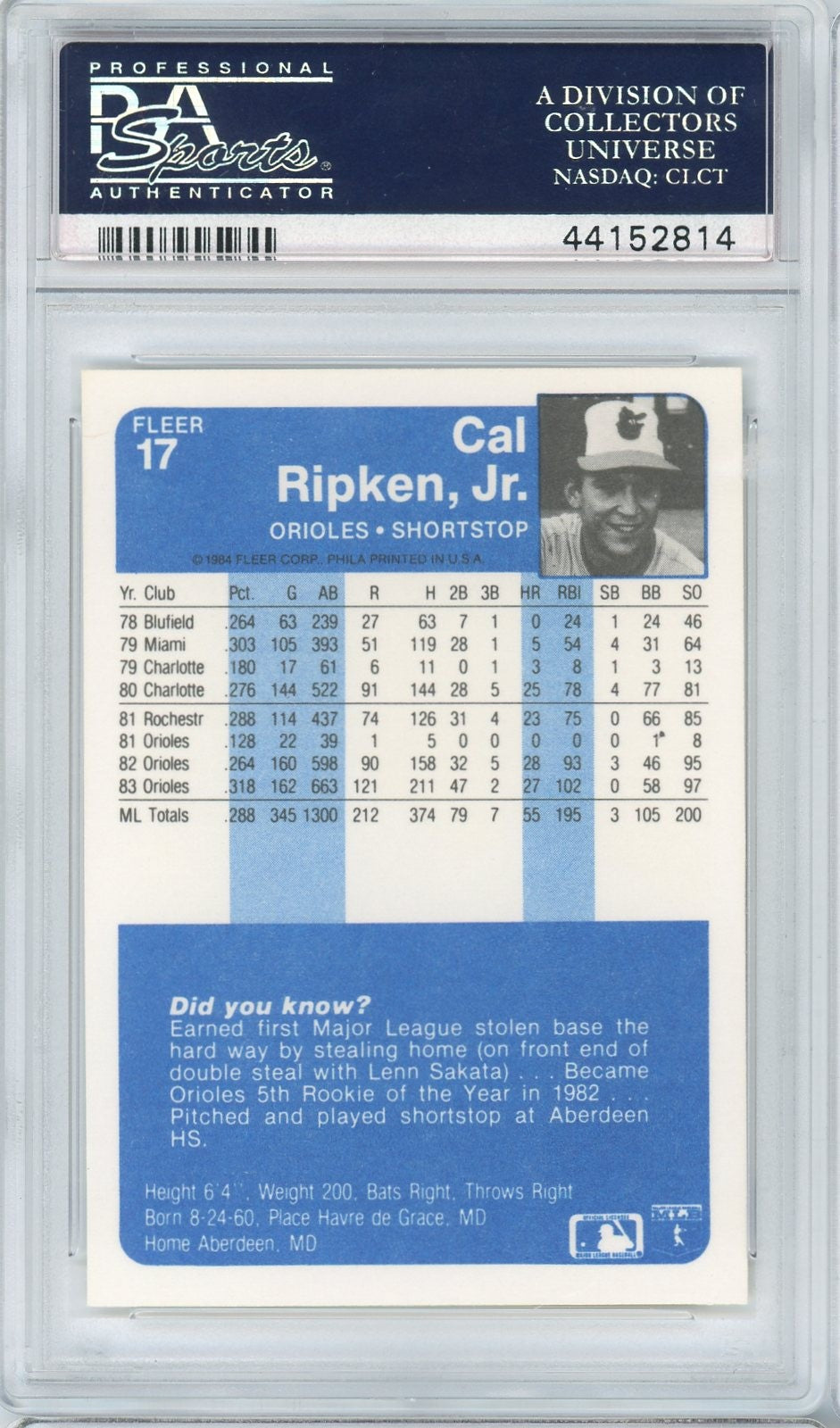 Graded 1984 Fleer Cal Ripken Jr. #17 Baseball Card PSA 10 Gem Mint