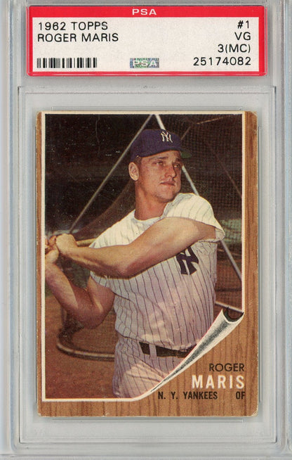 Graded 1962 Topps Roger Maris #1 Baseball Card PSA 3 Very Good