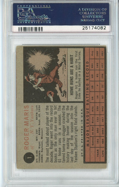 Graded 1962 Topps Roger Maris #1 Baseball Card PSA 3 Very Good