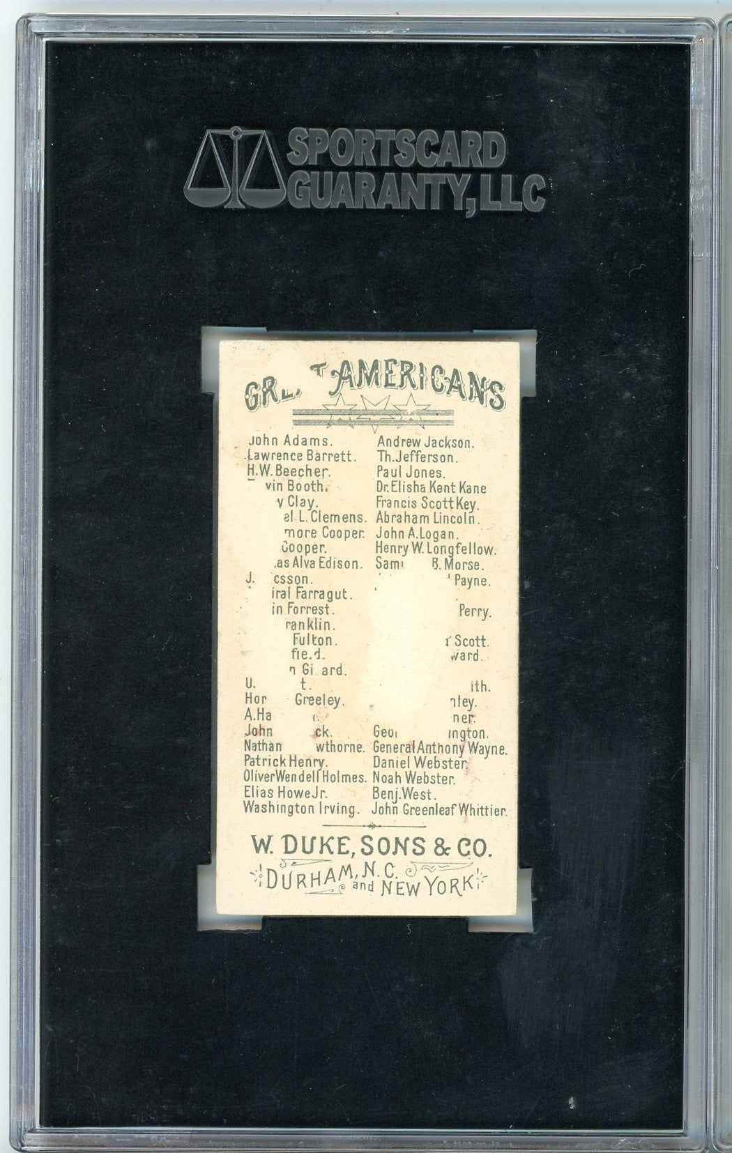 Graded 1888 W. Duke, Sons & Co. N76 Great Americans William Penn Baseball Tobacco Card SGC 1