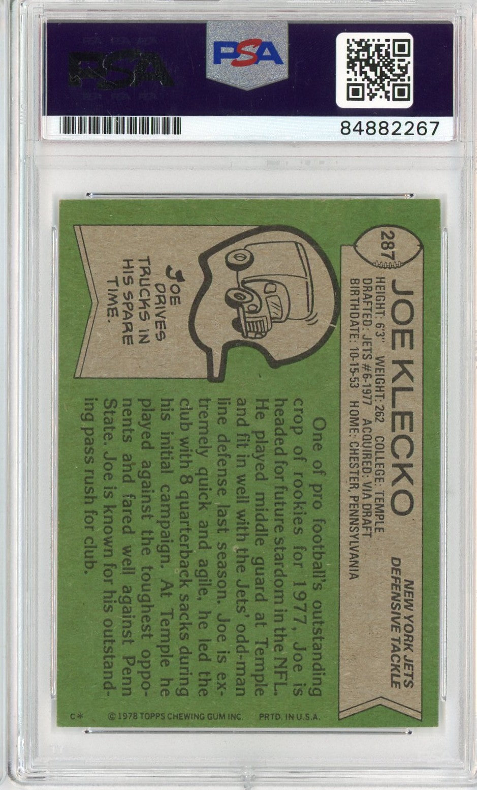 Graded 1978 Topps Joe Klecko #NNO Rookie RC Football Card PSA Authentic Auto Grade
