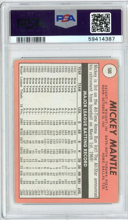 Graded 1969 Topps Mickey Mantle #500 Last Name in Yellow Baseball Card PSA 3 Very Good