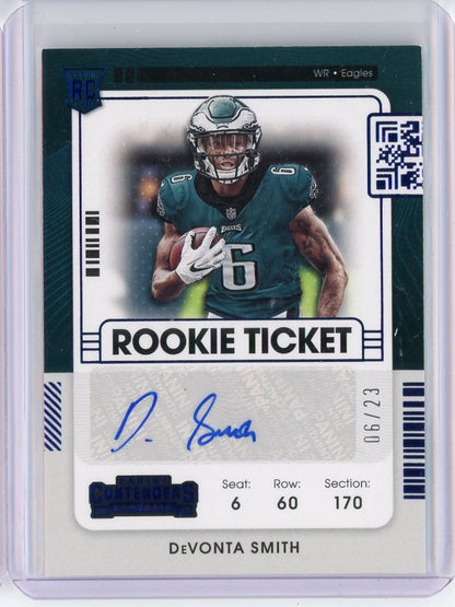 2021 Panini Contenders Blue Variation Rookie Ticket Devonta Smith #107 Jersey Number 6/23 Auto Rookie RC Football Card