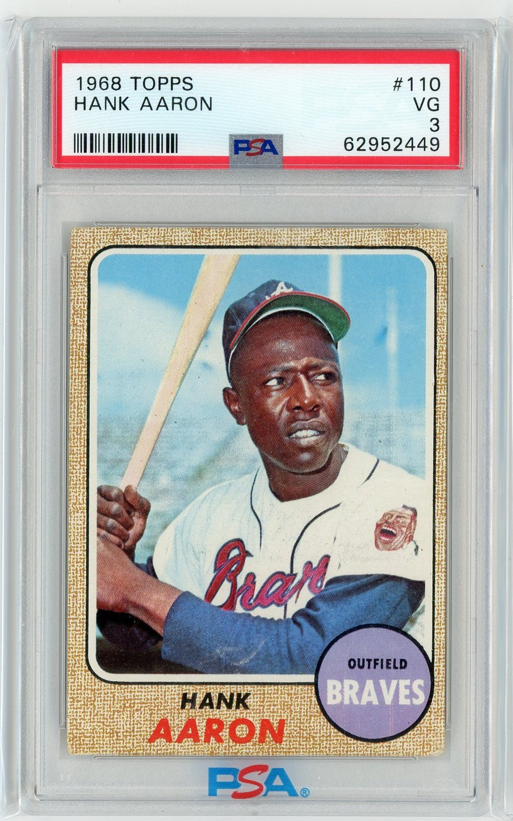 Graded 1968 Topps Hank Aaron #110 Baseball Card PSA 3 Very Good