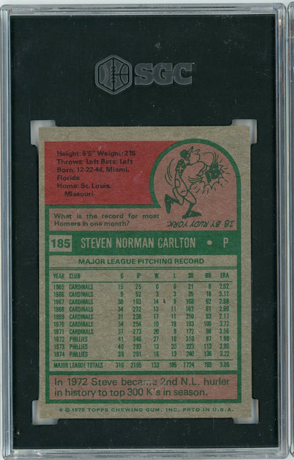 Graded 1975 Topps Steve Carlton #185 Baseball Card SGC 8 NM-MT