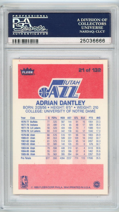 Graded 1986 Fleer Adrian Dantley #21 Basketball Card PSA 78 NM-MT