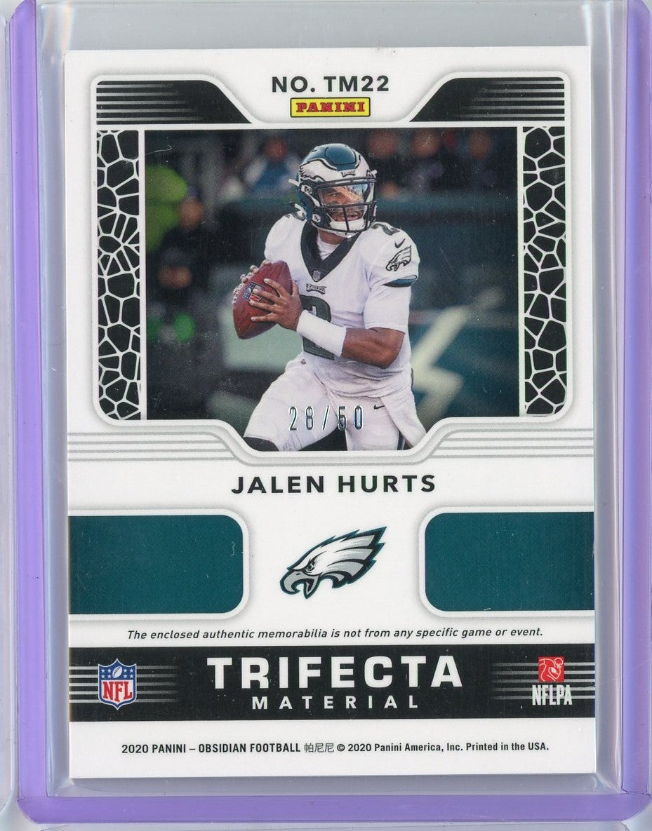 2020 Panini Obsidian Trifecta Material Jalen Hurts #TM22 #'/50 Rookie Patch Relic Rookie RC Football Card