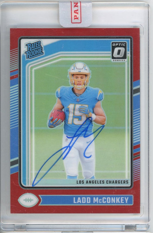 2024 Donruss Optic Ladd McConkey #266 Red Autograph /75 Rookie RC Football Card