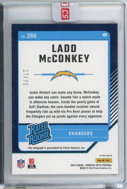 2024 Donruss Optic Ladd McConkey #266 Red Autograph /75 Rookie RC Football Card