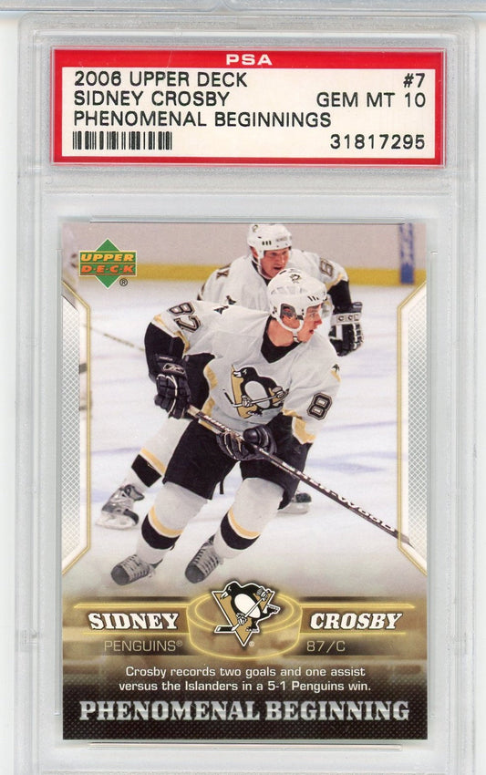 Graded 2005-06 Upper Deck Sidney Crosby #7 Phenomenal Beginnings Rookie RC Hockey Card PSA 10 Gem Mint