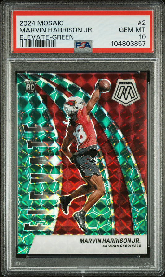Graded 2024 Panini Mosaic Marvin Harrison Jr #2 Elevate Green Rookie RC Football Card PSA 10 Gem Mint