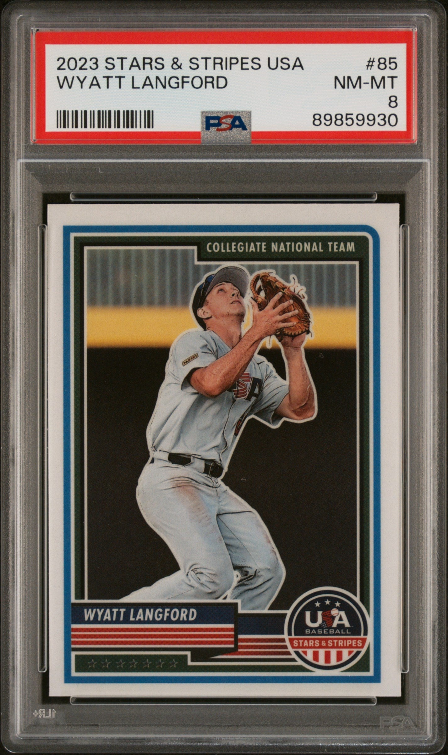 Graded 2023 Panini Stars & Stripes USA Wyatt Langford #85 Rookie RC Baseball Card PSA 8 Near Mint