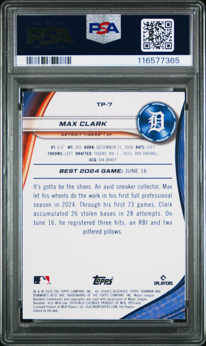 Graded 2024 Topps Bowmans Best Max Clark #TP7 Top Prospects Rookie RC Baseball Card PSA 10 Gem Mint