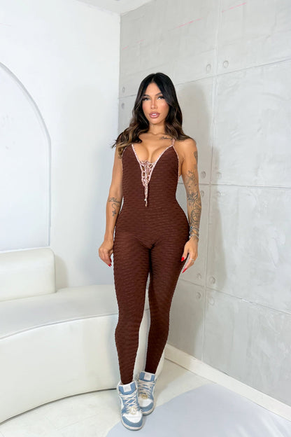 BROWN AND ROSE DETAIL JUMPSUIT