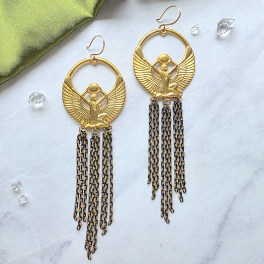 Brass Isis and Herkimer Chain Earrings