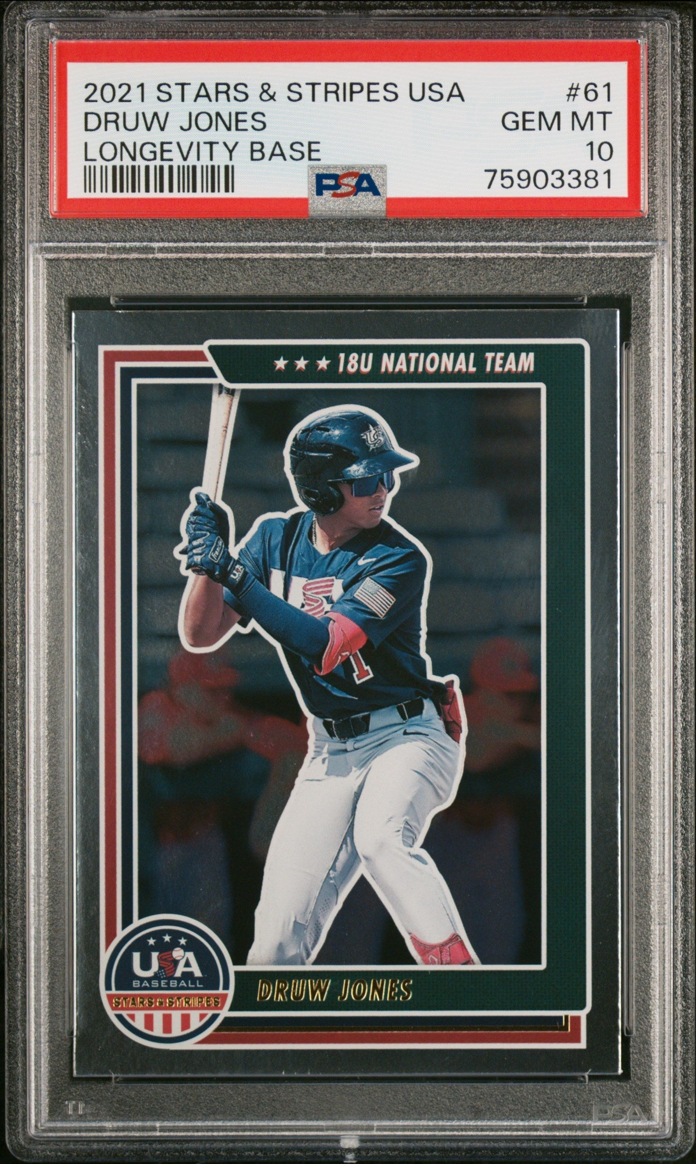 Graded 2021 Panini Stars & Stripes USA Druw Jones #61 Longevity Base Rookie RC Baseball Card PSA 10 Gem Mint