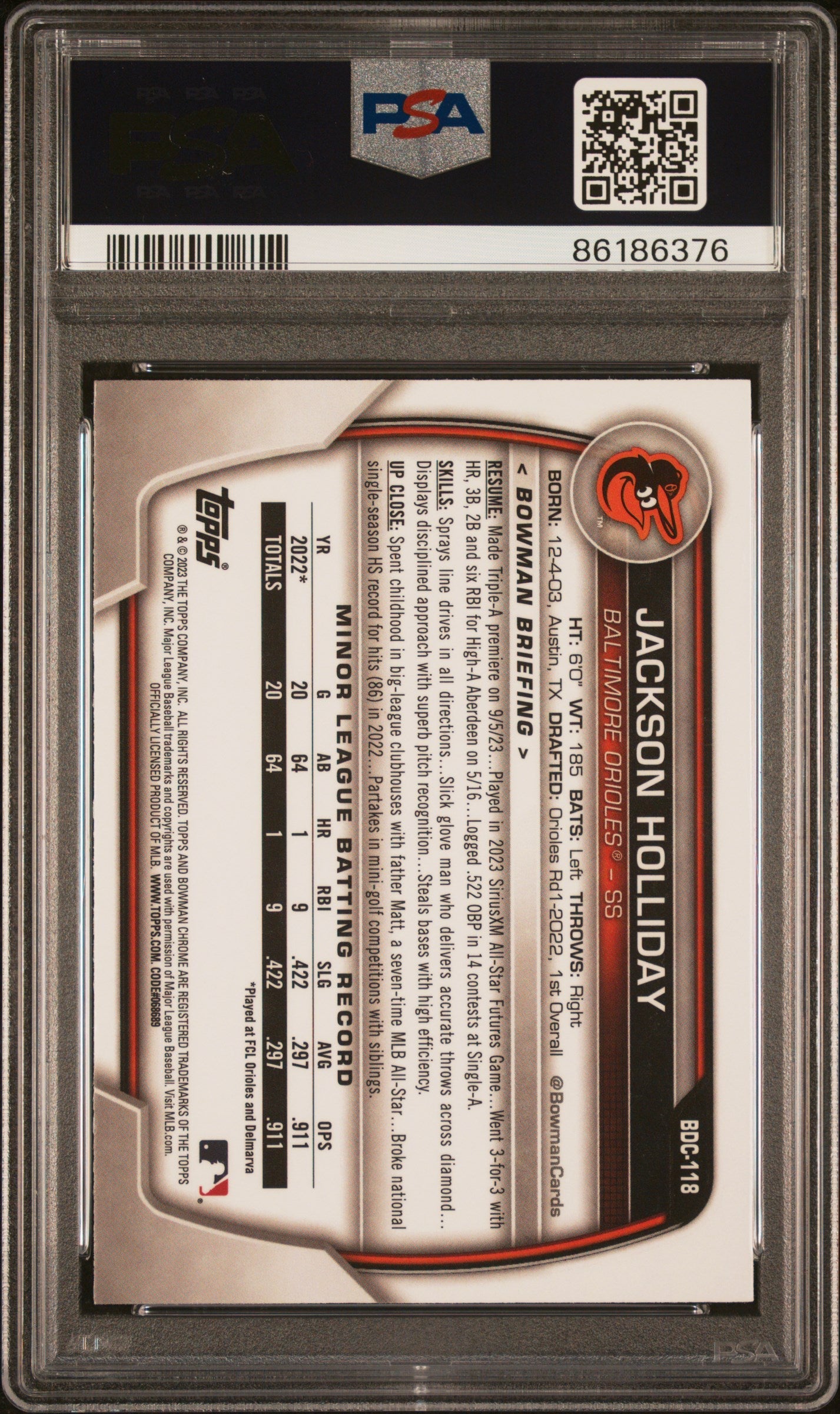 Graded 2023 Topps Bowman Draft Jackson Holliday #BDC118 Chrome Rookie RC Baseball Card PSA 10 Gem Mint