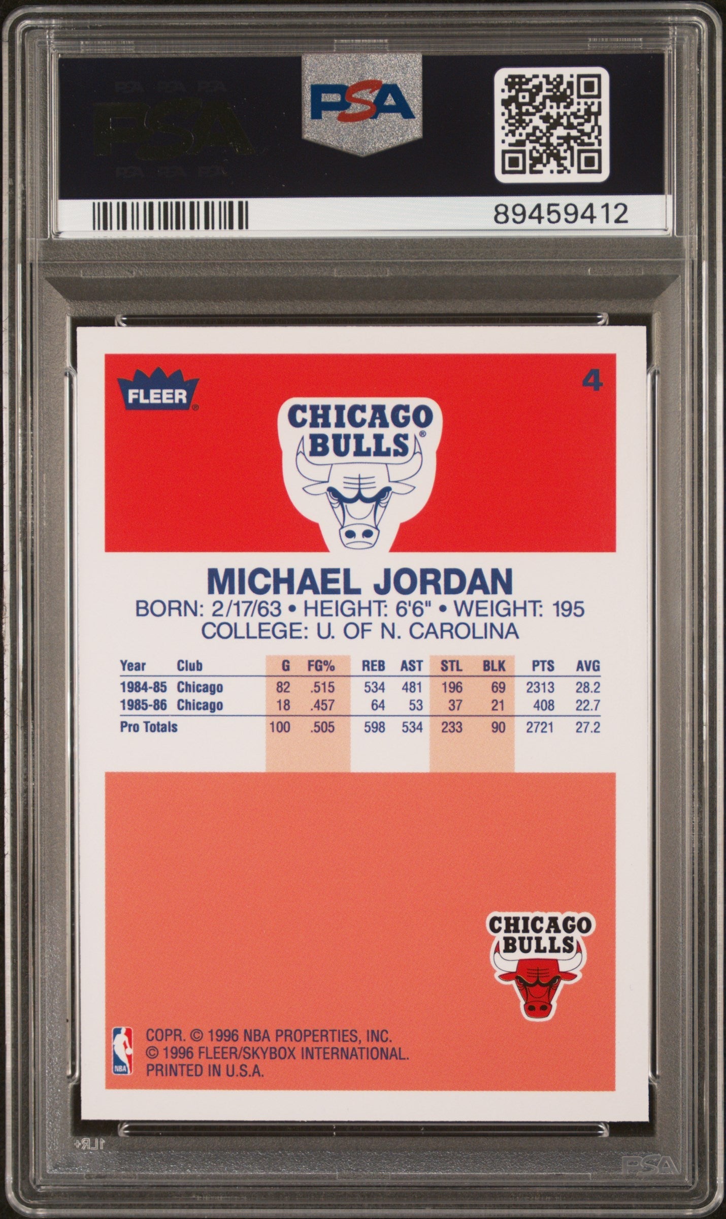 Graded 1996 Fleer Michael Jordan #4 Decade of Excellence Rookie Reprint Basketball Card PSA 9 Mint