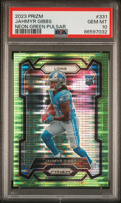 Graded 2023 Panini Prizm Jahmyr Gibbs #331 Neon Green Pulsar Rookie RC Football Card PSA 10 Gem Mint