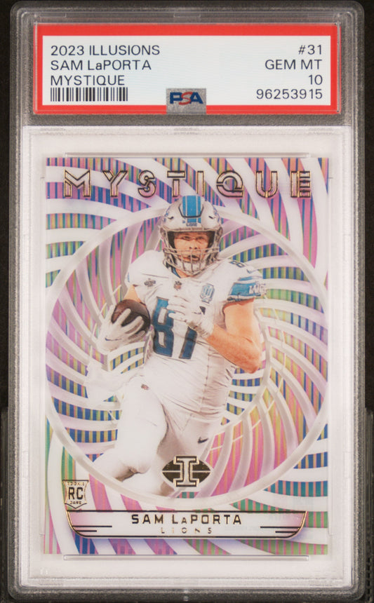 Graded 2023 Panini Illusions Sam LaPorta #31 Mystique Rookie RC Football Card PSA 10 Gem Mint